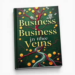 A captivating book cover for the title 'Business in the Veins', featuring an intricate design with prominent elements related to money, such as a flowing river of cash weaving through veins and arteries