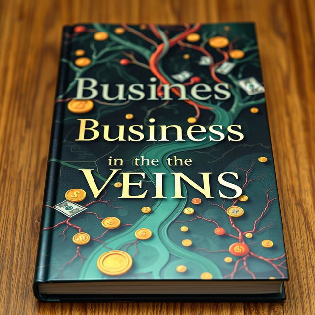 A captivating book cover for the title 'Business in the Veins', featuring an intricate design with prominent elements related to money, such as a flowing river of cash weaving through veins and arteries