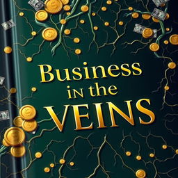 A captivating book cover for the title 'Business in the Veins', featuring an intricate design with prominent elements related to money, such as a flowing river of cash weaving through veins and arteries