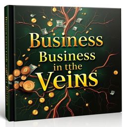 A captivating book cover for the title 'Business in the Veins', featuring an intricate design with prominent elements related to money, such as a flowing river of cash weaving through veins and arteries