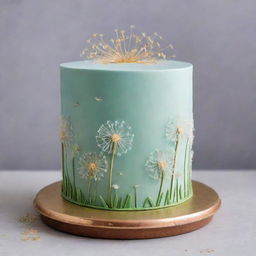 A beautifully decorated cake adorned with intricate dandelion designs, giving it a whimsical and charming aesthetic.