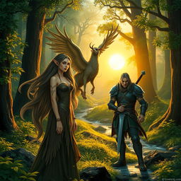 A mystical forest scene featuring an elegant elven female, a magical fauna, and a brave adventurer warrior