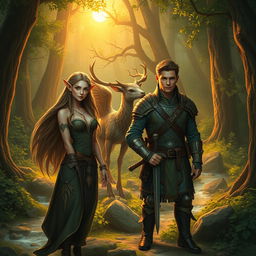 A mystical forest scene featuring an elegant elven female, a magical fauna, and a brave adventurer warrior