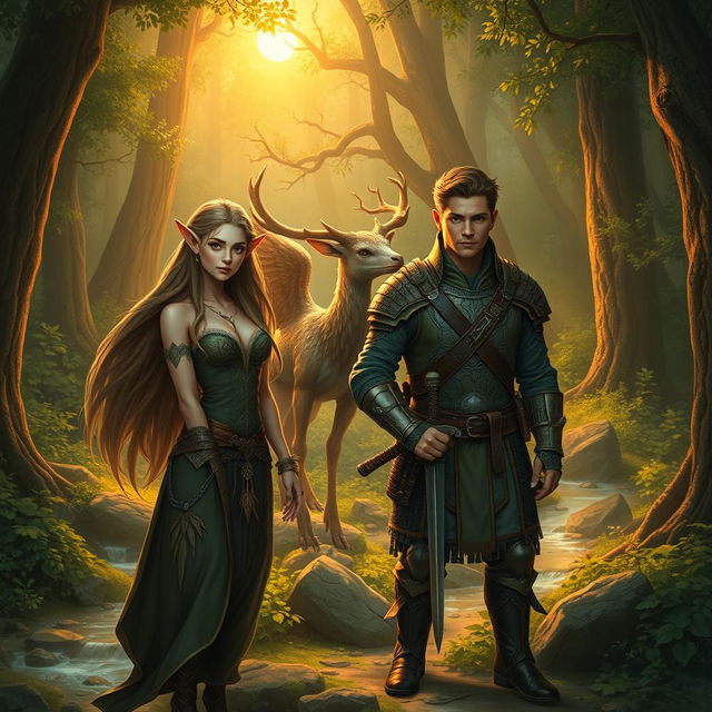 A mystical forest scene featuring an elegant elven female, a magical fauna, and a brave adventurer warrior