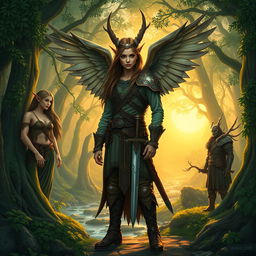 A mystical forest scene featuring an elegant elven female, a magical fauna, and a brave adventurer warrior