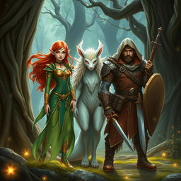 A majestic elf, a mystical fauna creature, and a brave adventurer warrior standing together in an enchanted forest