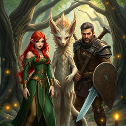 A majestic elf, a mystical fauna creature, and a brave adventurer warrior standing together in an enchanted forest