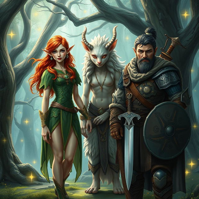 A majestic elf, a mystical fauna creature, and a brave adventurer warrior standing together in an enchanted forest