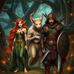 A majestic elf, a mystical fauna creature, and a brave adventurer warrior standing together in an enchanted forest