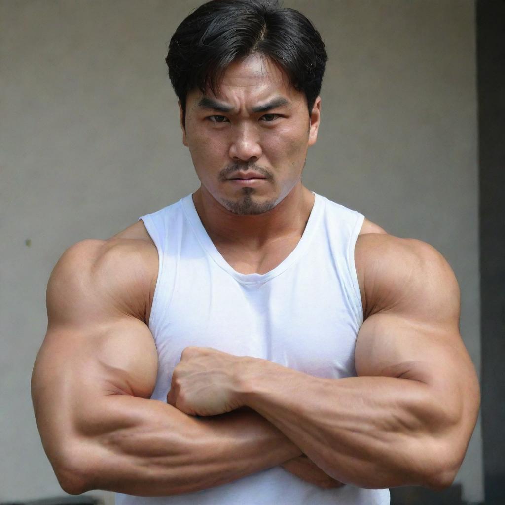 A Korean man showing off his enormous, well-defined biceps. His facial expression showcases determination and pride.