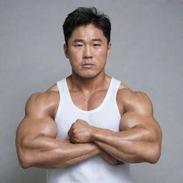 A Korean man showing off his enormous, well-defined biceps. His facial expression showcases determination and pride.