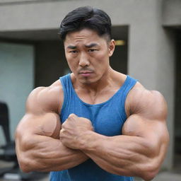 A Korean man showing off his enormous, well-defined biceps. His facial expression showcases determination and pride.