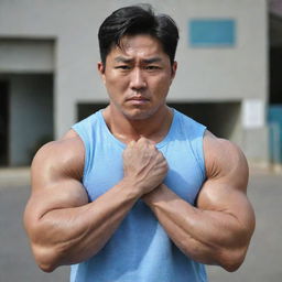 A Korean man showing off his enormous, well-defined biceps. His facial expression showcases determination and pride.