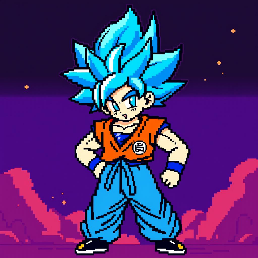 Goku in Super Saiyan Blue form, pixel art style capturing the essence of 8-bit video games