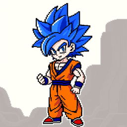 Goku in Super Saiyan Blue form, pixel art style capturing the essence of 8-bit video games