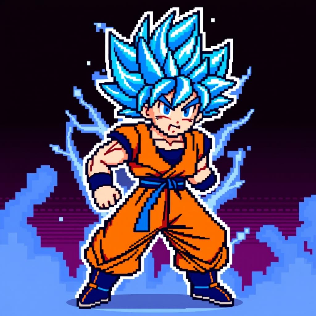 Goku in Super Saiyan Blue form, pixel art style capturing the essence of 8-bit video games