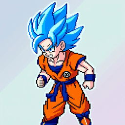 Goku in Super Saiyan Blue form, pixel art style capturing the essence of 8-bit video games