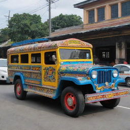 Jeepney with vivid colors and intricate patterns, showcasing the culture of Bulacan, Philippines, highlighting elements like native flora, fauna, and local landmarks.