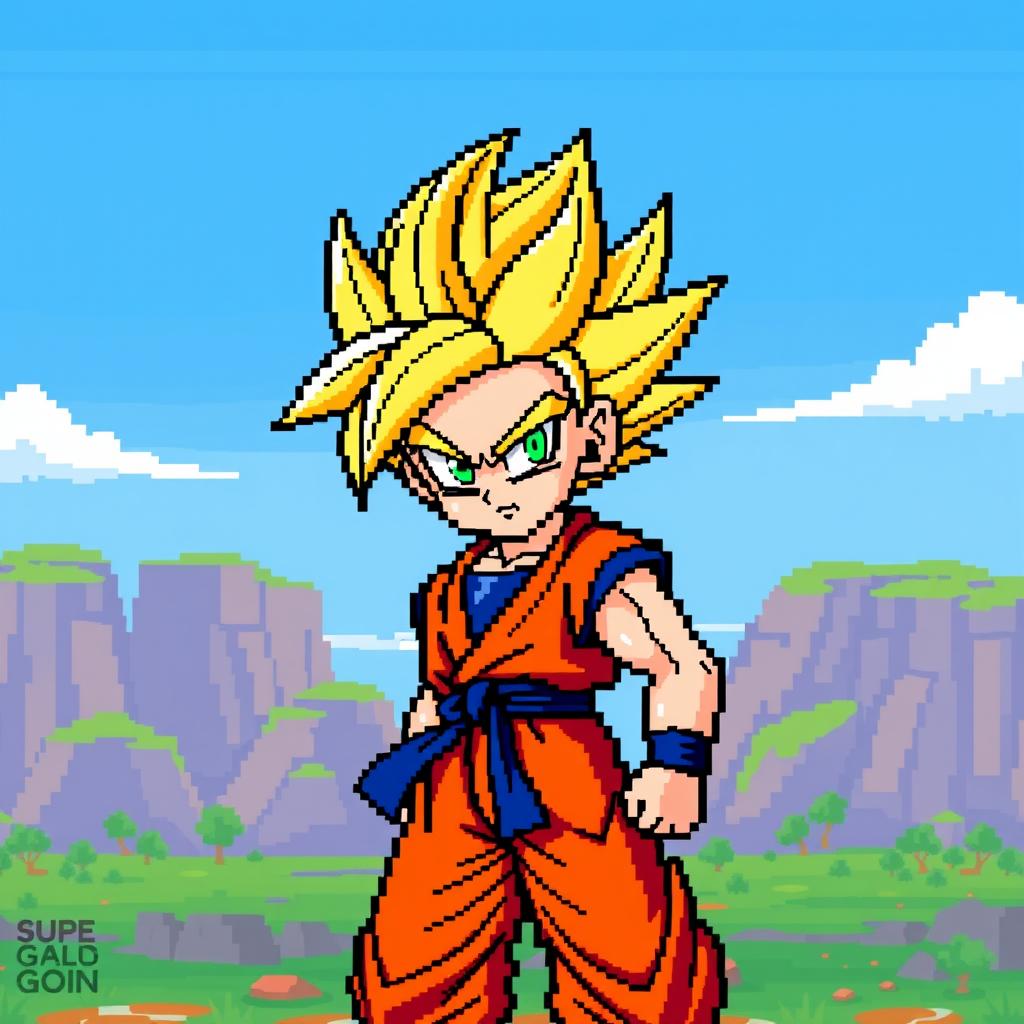 Goku in Super Saiyan form, depicted in pixel art style, resembling classic 8-bit graphics