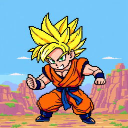 Goku in Super Saiyan form, depicted in pixel art style, resembling classic 8-bit graphics