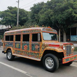 Jeepney with vivid colors and intricate patterns, showcasing the culture of Bulacan, Philippines, highlighting elements like native flora, fauna, and local landmarks.