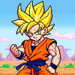 Goku in Super Saiyan form, depicted in pixel art style, resembling classic 8-bit graphics