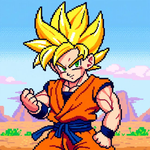 Goku in Super Saiyan form, depicted in pixel art style, resembling classic 8-bit graphics