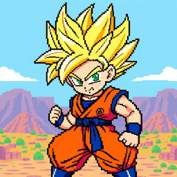 Goku in Super Saiyan form, depicted in pixel art style, resembling classic 8-bit graphics