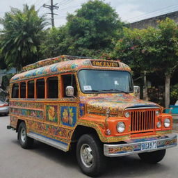 Jeepney with vivid colors and intricate patterns, showcasing the culture of Bulacan, Philippines, highlighting elements like native flora, fauna, and local landmarks.