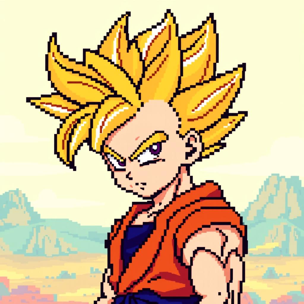 Gohan in Super Saiyan form, portrayed in pixel art style with an 8-bit aesthetic