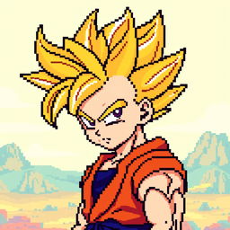 Gohan in Super Saiyan form, portrayed in pixel art style with an 8-bit aesthetic