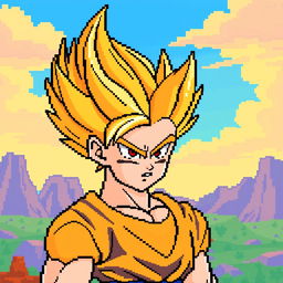 Gohan in Super Saiyan form, portrayed in pixel art style with an 8-bit aesthetic