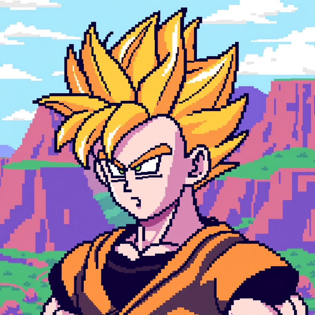 Gohan in Super Saiyan form, portrayed in pixel art style with an 8-bit aesthetic