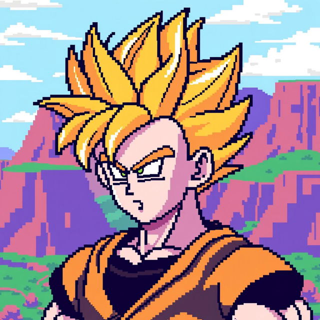 Gohan in Super Saiyan form, portrayed in pixel art style with an 8-bit aesthetic