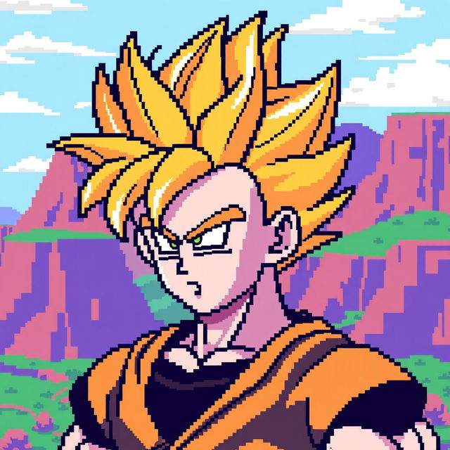 Gohan in Super Saiyan form, portrayed in pixel art style with an 8-bit aesthetic