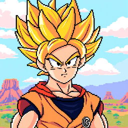 Gohan in Super Saiyan form, portrayed in pixel art style with an 8-bit aesthetic