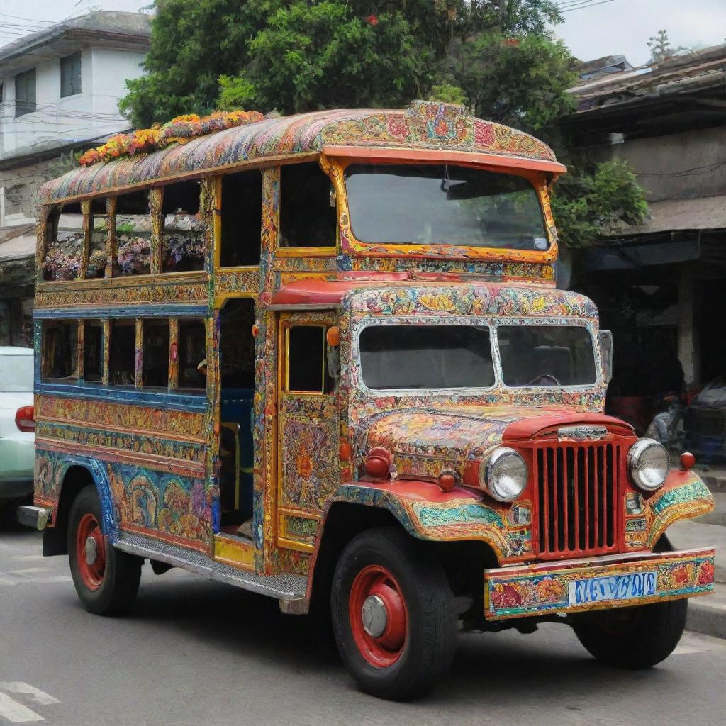 Jeepney with vivid colors and intricate patterns, showcasing the culture of Bulacan, Philippines, highlighting elements like native flora, fauna, and local landmarks.