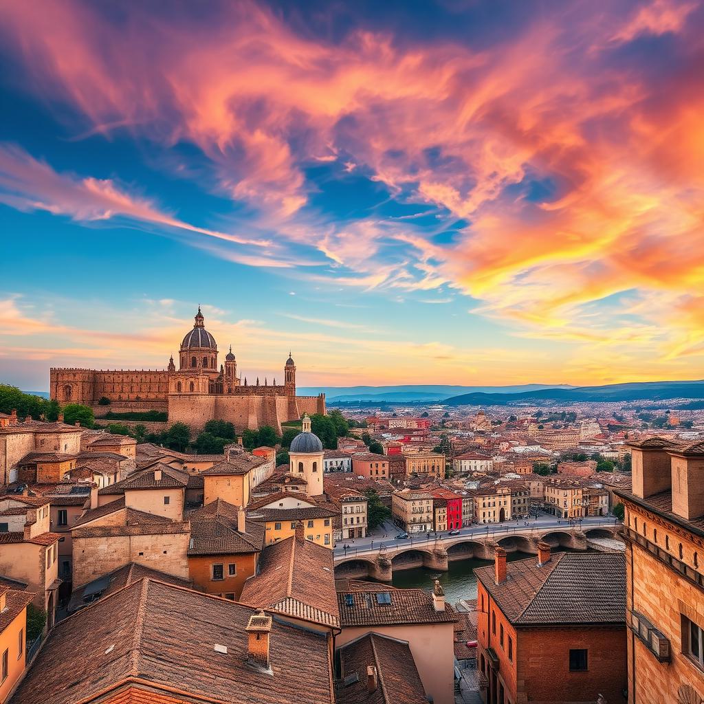 A breathtaking view of the city of Toledo, showcasing its historic skyline with the Alcázar and Toledo Cathedral prominently featured