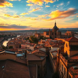 A breathtaking view of the city of Toledo, showcasing its historic skyline with the Alcázar and Toledo Cathedral prominently featured