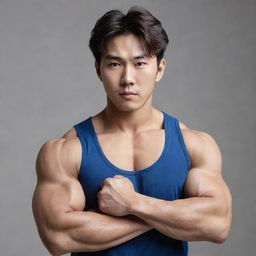 A young Korean man displaying his large, bulging biceps, his youthful face filled with a confident, motivated expression.