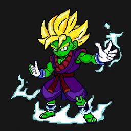 Piccolo from Dragon Ball Z as a Super Saiyan in pixel art style, 8-bit color palette, featuring iconic green skin, blonde Super Saiyan hair, wearing traditional warrior attire, with a dynamic pose, energy aura surrounding him, set against a simple, dark background