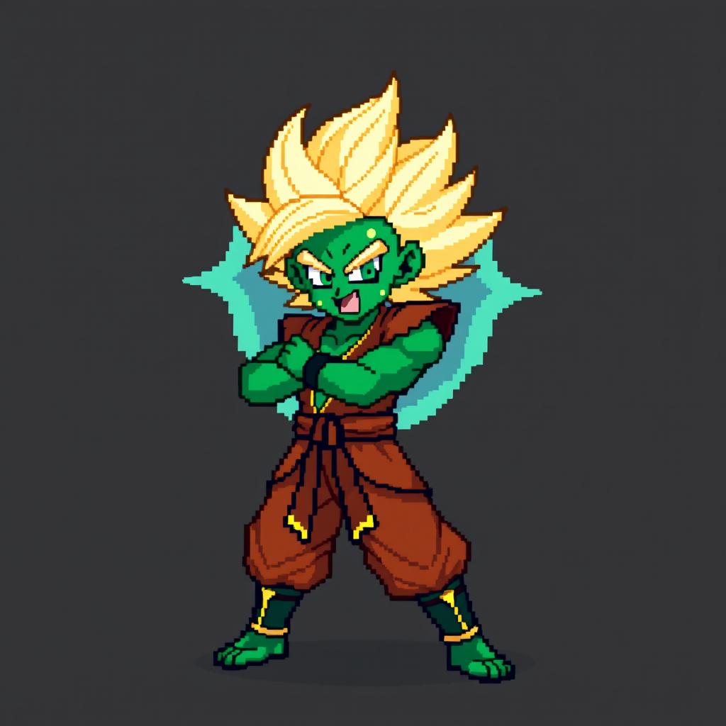 Piccolo from Dragon Ball Z as a Super Saiyan in pixel art style, 8-bit color palette, featuring iconic green skin, blonde Super Saiyan hair, wearing traditional warrior attire, with a dynamic pose, energy aura surrounding him, set against a simple, dark background