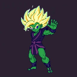 Piccolo from Dragon Ball Z as a Super Saiyan in pixel art style, 8-bit color palette, featuring iconic green skin, blonde Super Saiyan hair, wearing traditional warrior attire, with a dynamic pose, energy aura surrounding him, set against a simple, dark background