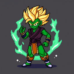 Piccolo from Dragon Ball Z as a Super Saiyan in pixel art style, 8-bit color palette, featuring iconic green skin, blonde Super Saiyan hair, wearing traditional warrior attire, with a dynamic pose, energy aura surrounding him, set against a simple, dark background