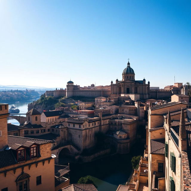 A scenic view of Toledo, highlighting its historic architecture with the majestic Alcázar and Toledo Cathedral as central features