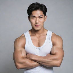 A young Korean man displaying his large, bulging biceps, his youthful face filled with a confident, motivated expression.