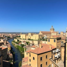 A scenic view of Toledo, highlighting its historic architecture with the majestic Alcázar and Toledo Cathedral as central features