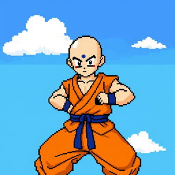 Krillin from Dragon Ball depicted in 8-bit pixel art style, standing in a battle-ready pose with his iconic monk-style bald head and six dots on his forehead, wearing his traditional orange martial arts gi with a blue belt and wristbands, set against a simple blue sky backdrop with a few white clouds to enhance the retro look