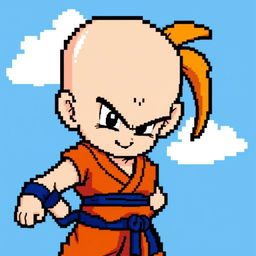 Krillin from Dragon Ball depicted in 8-bit pixel art style, standing in a battle-ready pose with his iconic monk-style bald head and six dots on his forehead, wearing his traditional orange martial arts gi with a blue belt and wristbands, set against a simple blue sky backdrop with a few white clouds to enhance the retro look