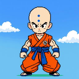 Krillin from Dragon Ball depicted in 8-bit pixel art style, standing in a battle-ready pose with his iconic monk-style bald head and six dots on his forehead, wearing his traditional orange martial arts gi with a blue belt and wristbands, set against a simple blue sky backdrop with a few white clouds to enhance the retro look